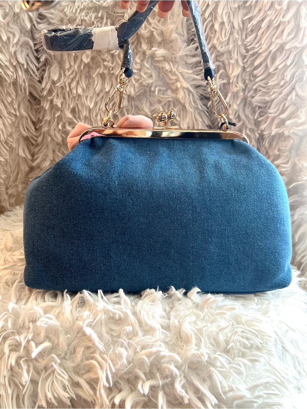 Juicy Couture Blue Denim Frame Satchel with Pink Bow and Pearl Chains - Picture 7 of 9